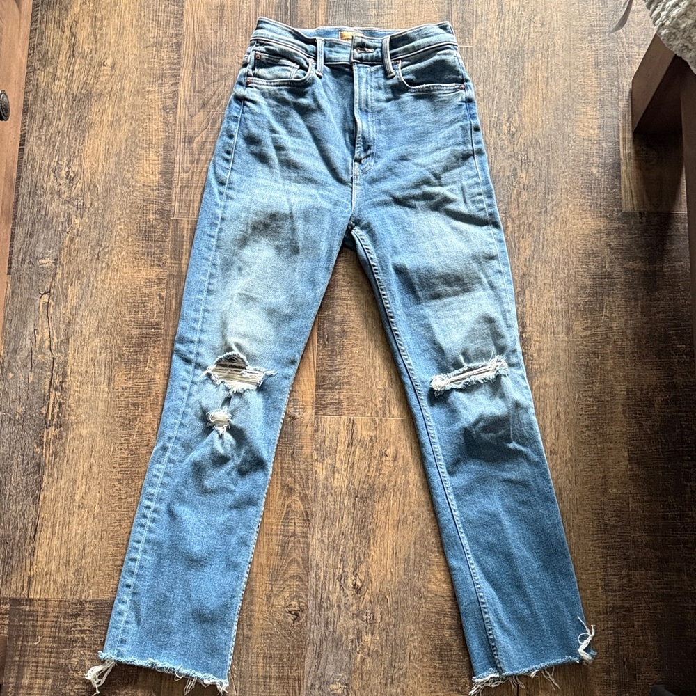 MOTHER Blue Distressed Straight Leg Jeans